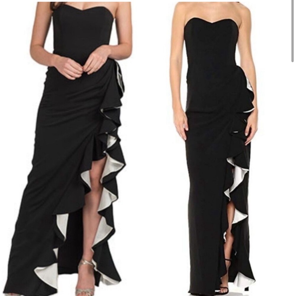 Badgley Mischka Strapless Sweetheart Contrast Ruffle Slit
Black & White Gown
